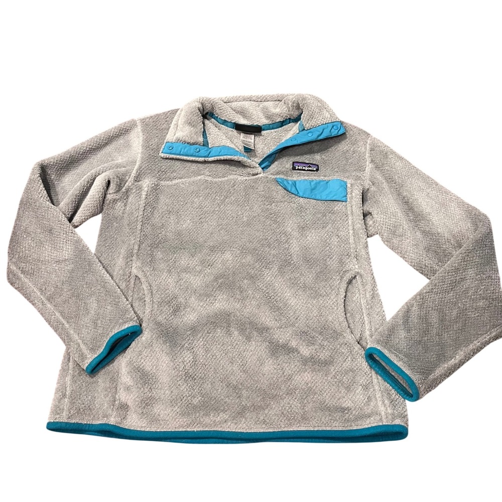 Patagonia Re-Tool Snap-T Fleece Pullover Grey Turquoise Womens Large Warm Hiking